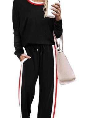 Women's Black Track Pants with Red & White Side Stripes